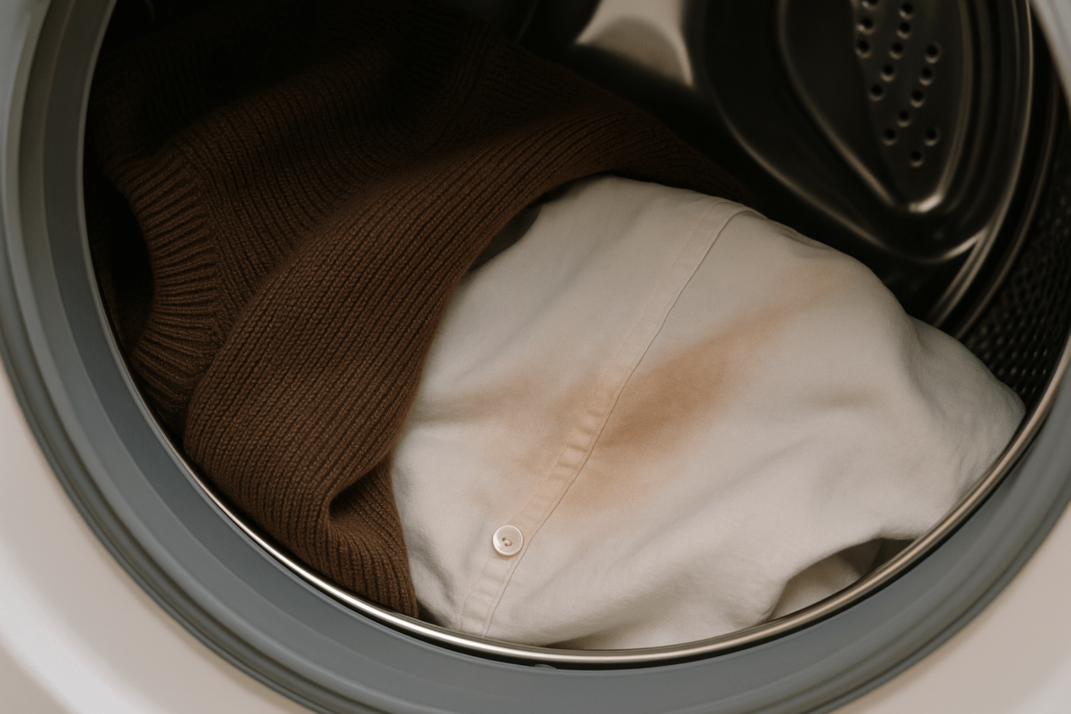 A sweater with color bleeding onto a white shirt in a washing machine.